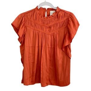 Joie Rust Orange Flutter Short Sleeve Silky Gathered Blouse Top Anthropologie